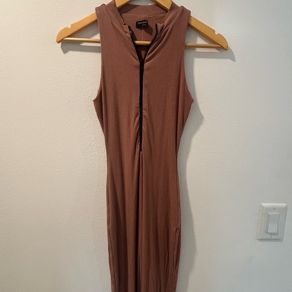 naked wardrobe Sleeveless Zip-Front Jumpsuit in Dusty Rose Brown